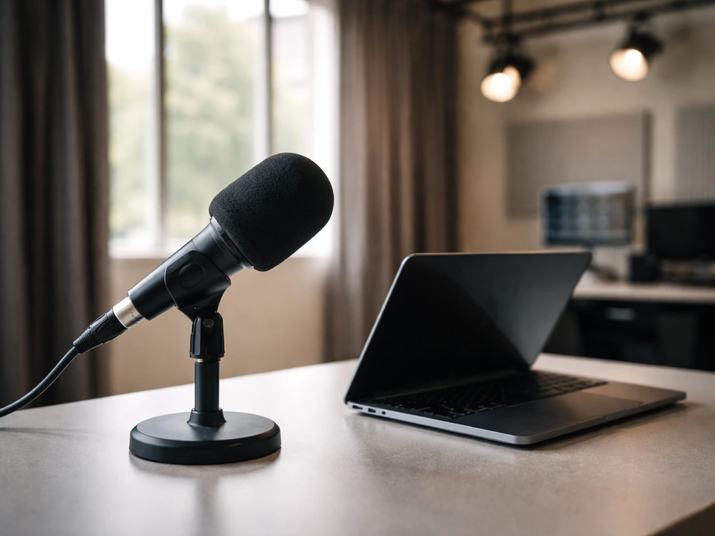 Minimal newsroom studio scene with a microphone and laptop, symbolizing a TV host’s career timeline.