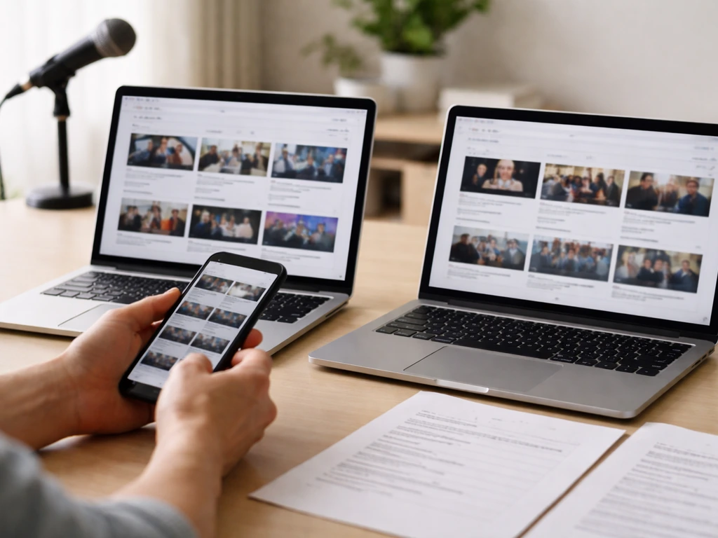 Hands on a desk with laptops and a smartphone showing blank webpage panels, suggesting identity and show verification so