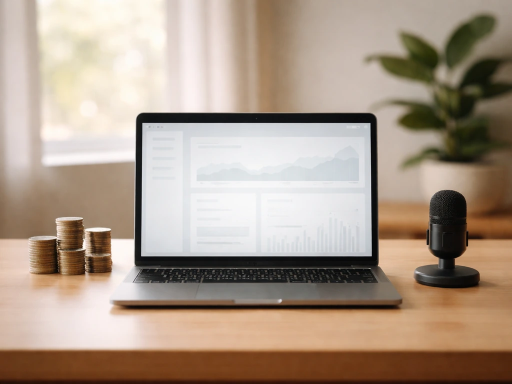 Minimal desk scene with open laptop showing abstract SaaS valuation concept and coins nearby