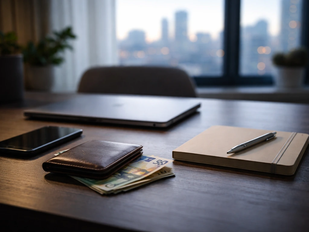 Minimal office desk with stacked cash, wallet, and a closed laptop under natural window light.
