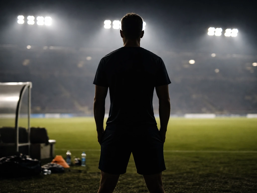 Blurred football stadium lights with a generic athlete silhouette near a coaching bench, symbolic identity backdrop