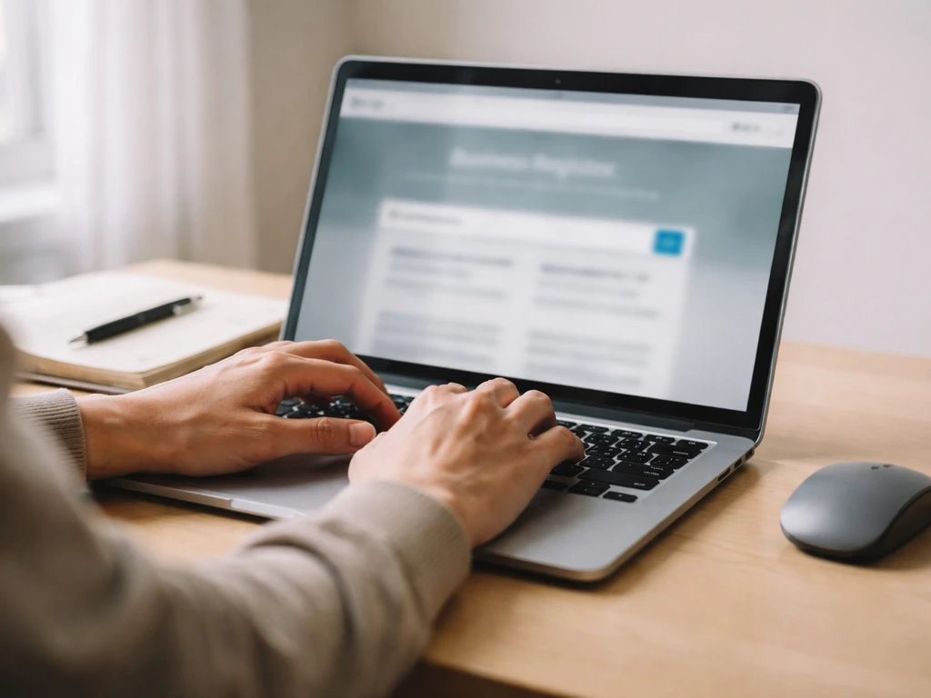 Hands on a laptop performing a blurred business registry search workflow on a desk.