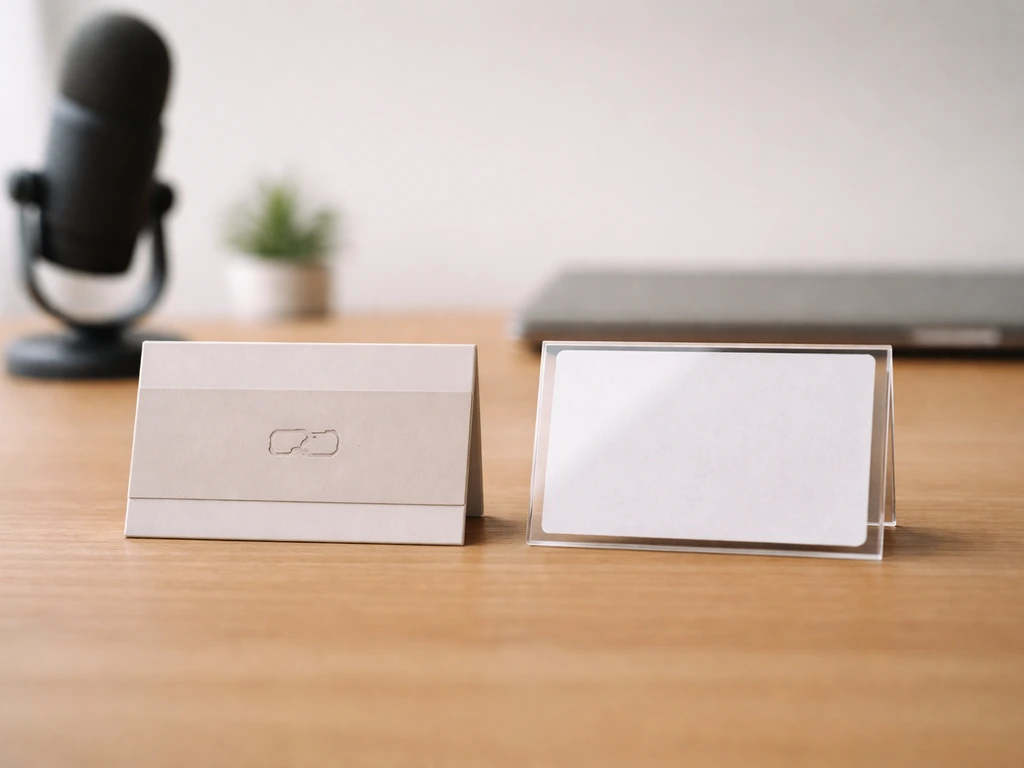 Minimal desk scene with two cards suggesting unknown identities and no verified connections