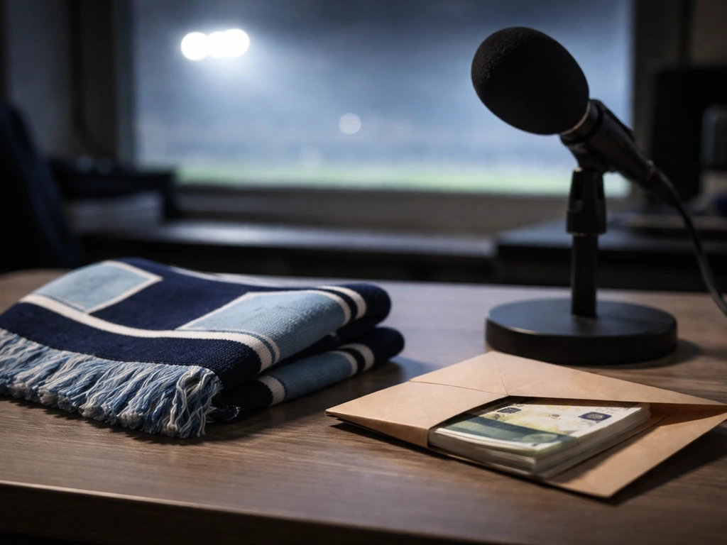 Quiet media-style desk with a football scarf and money-themed objects suggesting net-worth interest