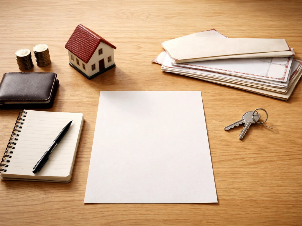 Coins, wallet, small house model, and an envelope of bills on a desk symbolizing assets minus liabilities.