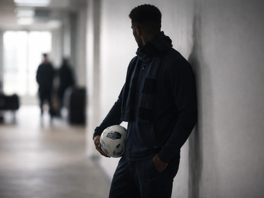 Anonymous footballer in an Al-Hilal-style training setting holding a football near a club corridor.
