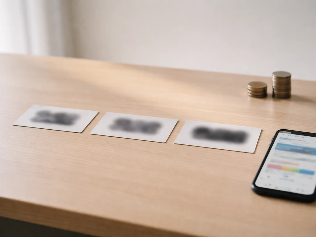 Minimal business desk scene with three mismatched cash-related cards to symbolize differing net-worth figures