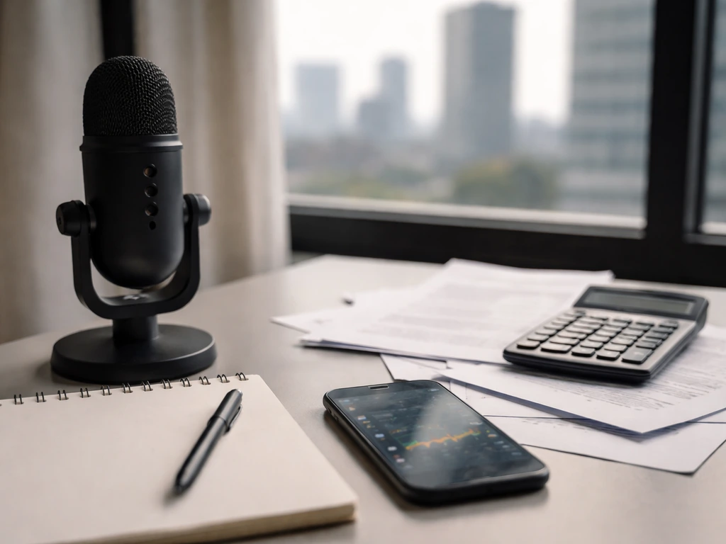 Minimal desk scene with microphone, documents, calculator, and blurred finance phone suggesting net-worth analysis.