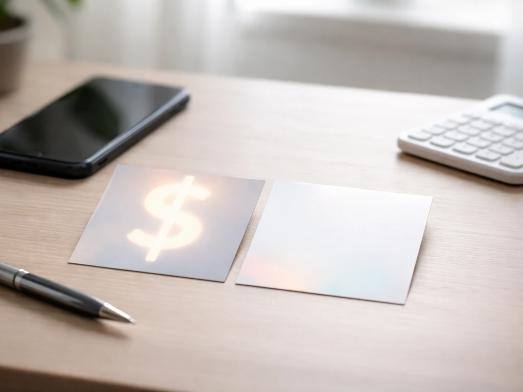 Minimal office desk with two blank side-by-side cards suggesting USD then INR placeholders, no readable text.