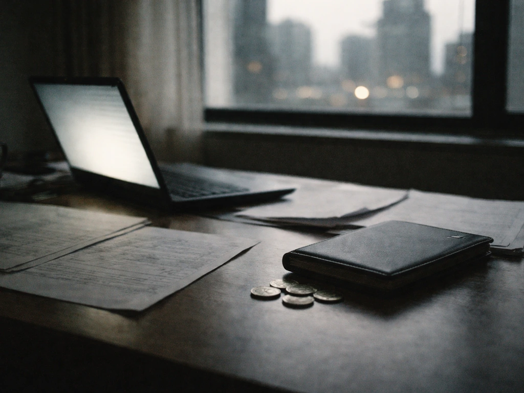 Dimly lit office desk with a laptop, scattered documents, and a blurred city view through a window