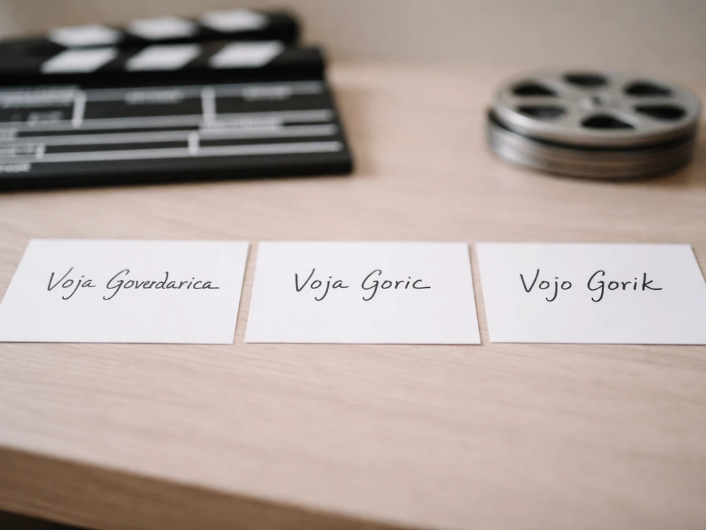 Three name-variant slips side by side on a desk with blurred film props in the background.