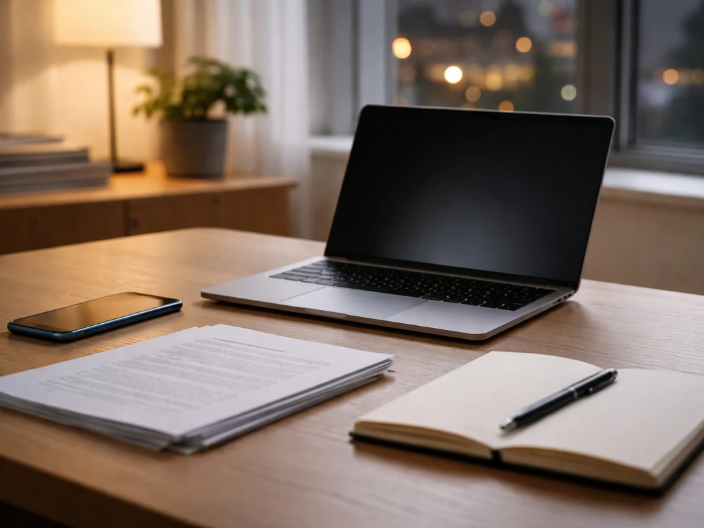 Minimal home office desk with laptop, phone, and documents symbolizing comparing net worth claims vs estimates.