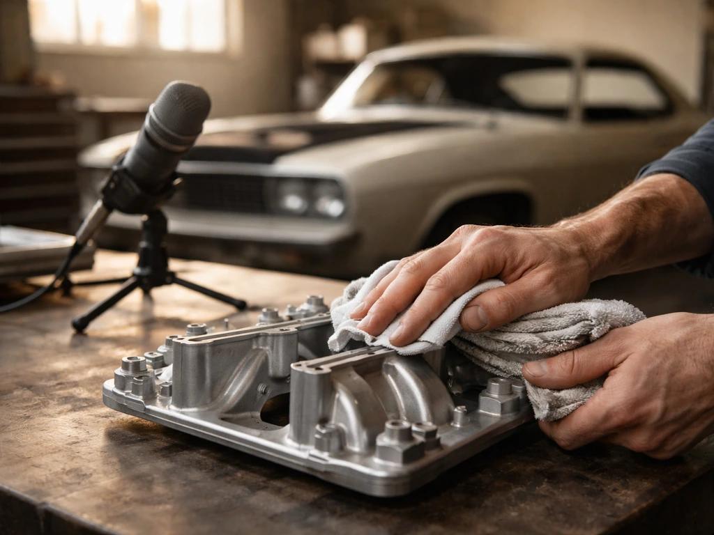 Close-up of a mechanic’s hands polishing a classic car part beside a recording microphone