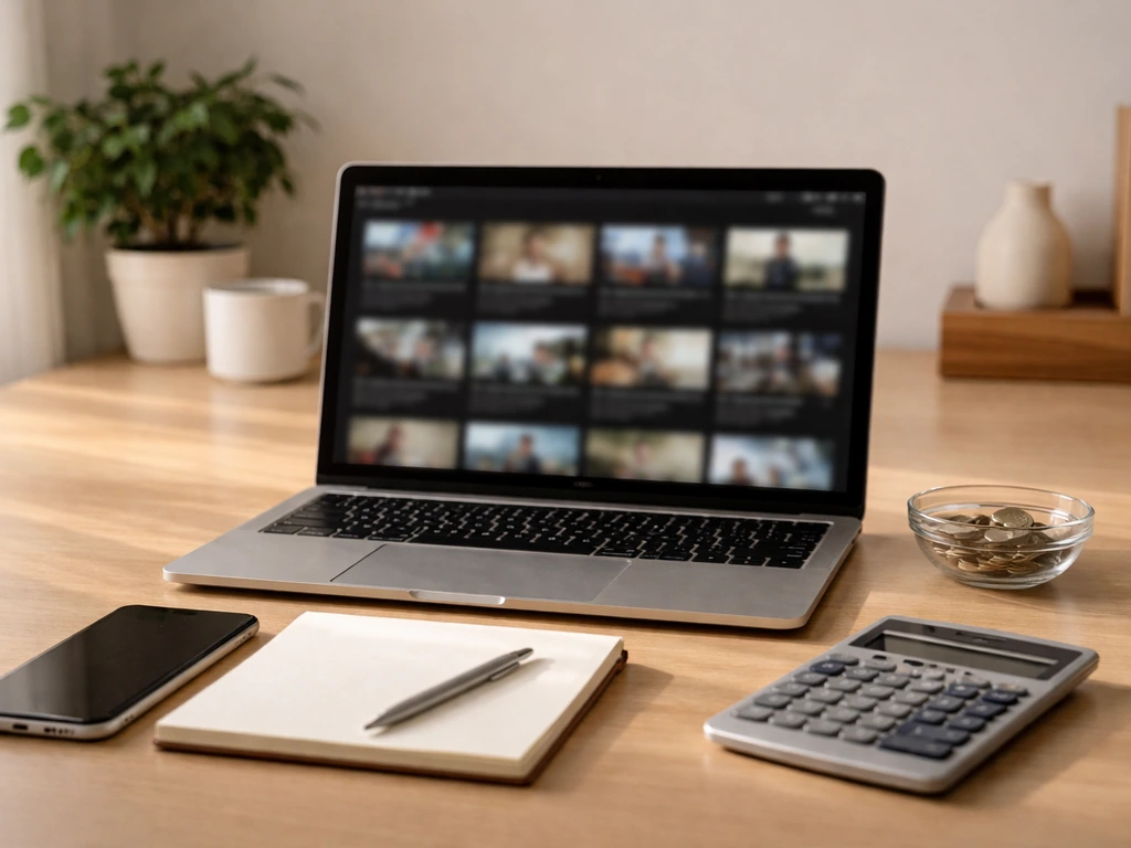 Minimal desk scene with a laptop showing blurred YouTube-style thumbnails, symbolizing income estimate inputs.