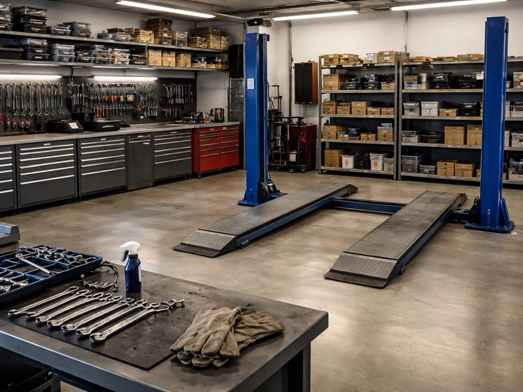 Tidy auto restoration workshop with car lift, tools, and stored parts, no people.