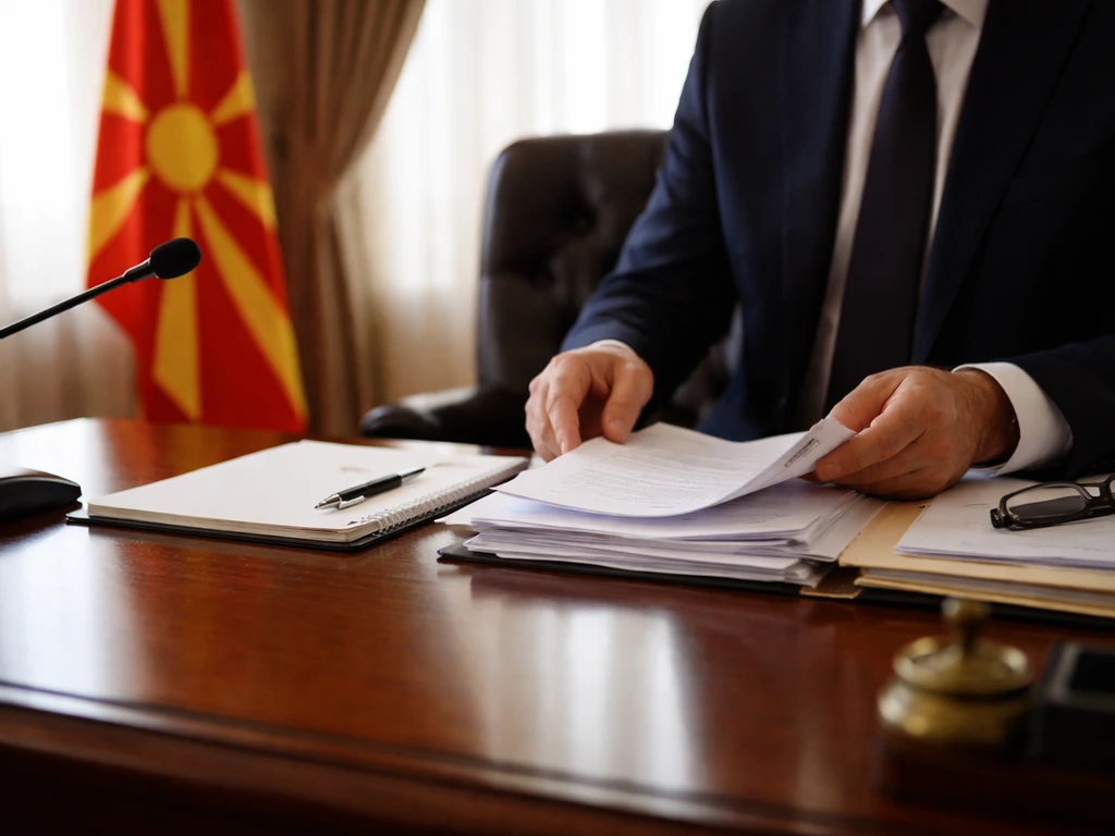 Anonymous hands in a presidential-style office with a Macedonian flag in the background.