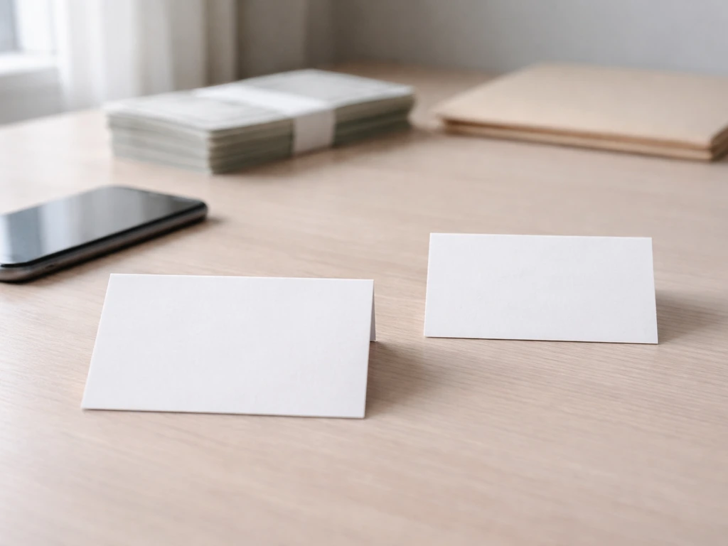 Minimal desk photo with two blank cards suggesting a repeated claim without an official asset declaration.