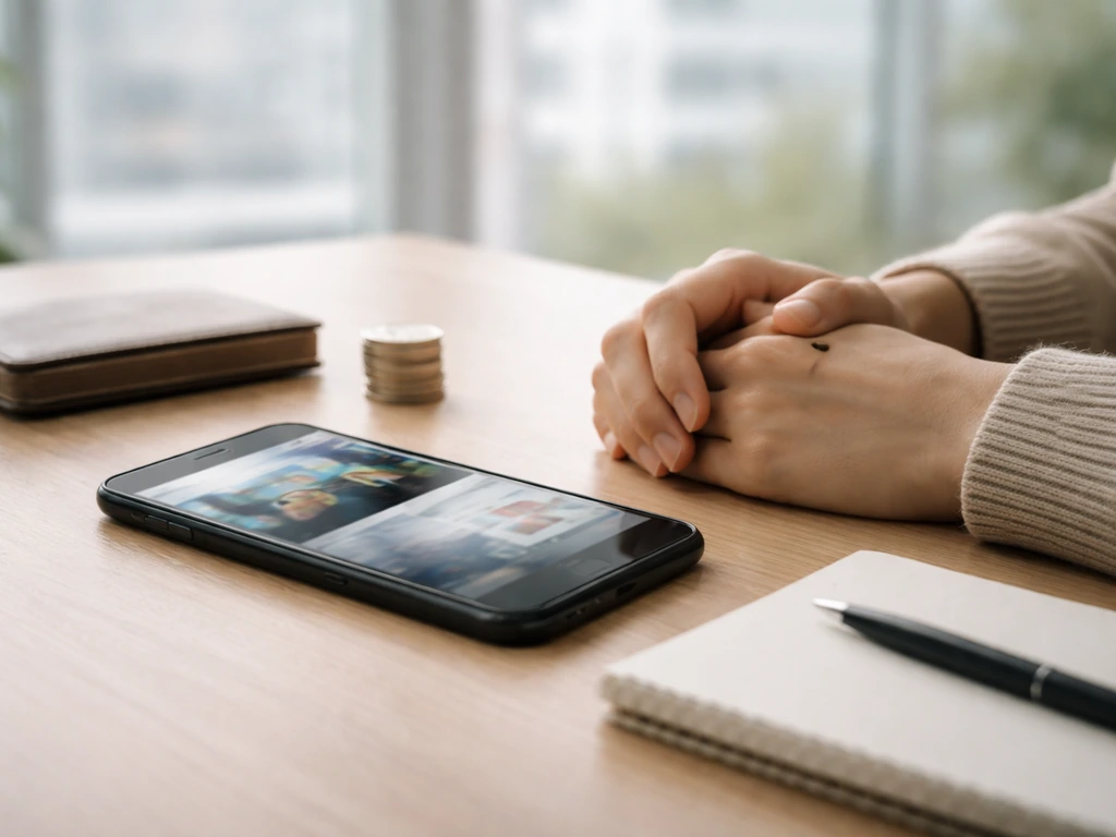 Minimal desk scene with a smartphone showing blurred finance news, suggesting a net worth citation