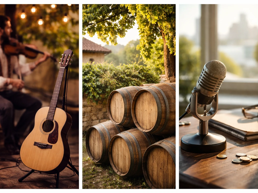Collage of anonymous folk performance, winery barrels, and a studio desk with microphone and coins.
