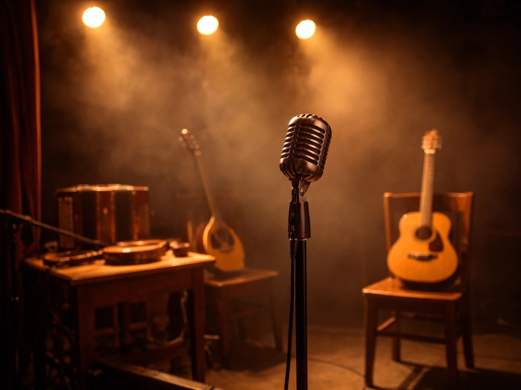 Dimly lit stage with a microphone and acoustic spotlight, conveying a folk singer performance mood.