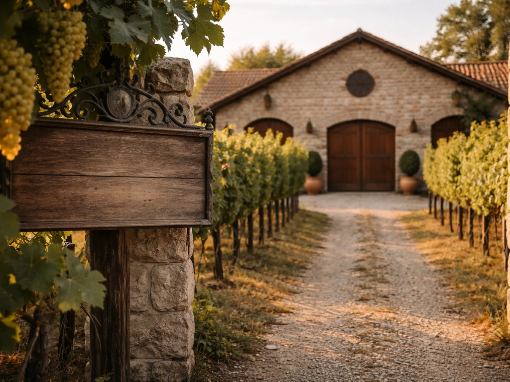 Vineyard rows and a generic winery entrance with weathered signage elements in warm natural light