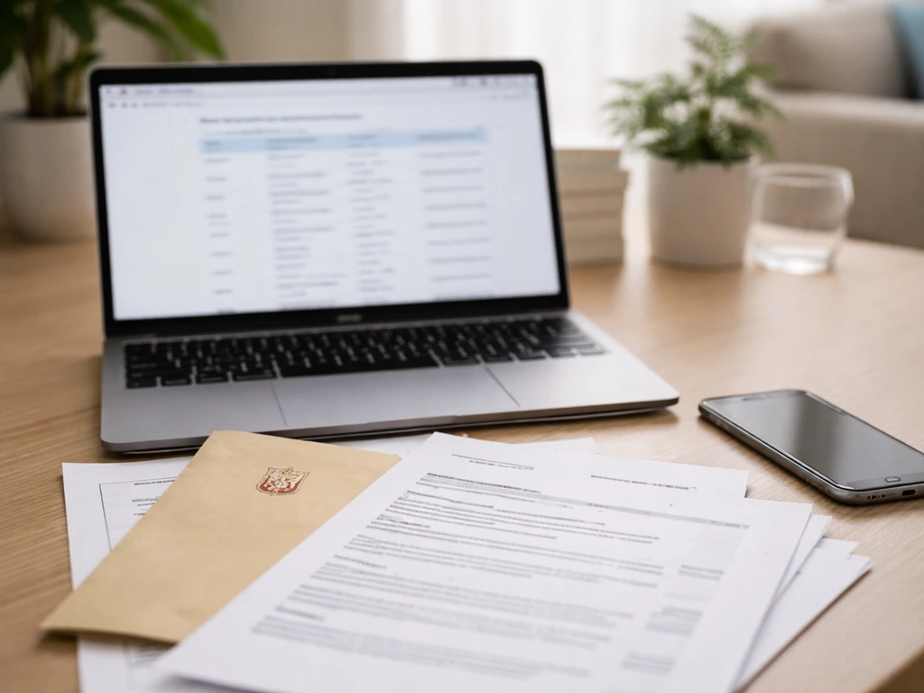 Desk with laptop showing blurred company registry results and business documents for verification evidence.