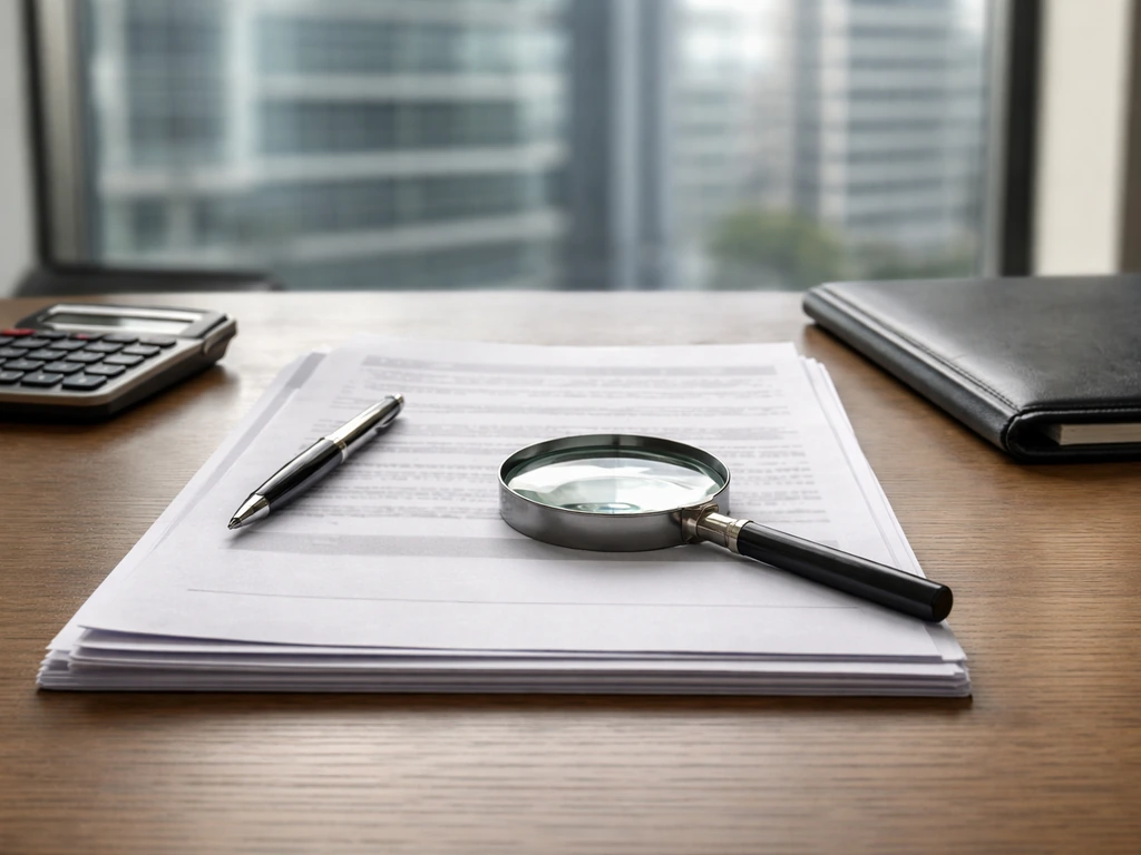 Office desk with papers, calculator, and magnifying glass suggesting verifying net worth from documents
