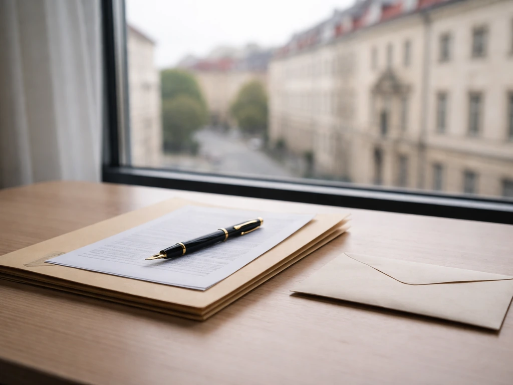 Desk with framed official salary documents, pen, and a subtle Croatia-themed city view, symbolizing public office income
