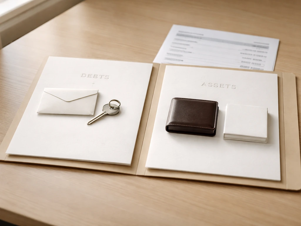 Minimal desk with open documents showing debts alongside assets layout, blurred mortgage paperwork