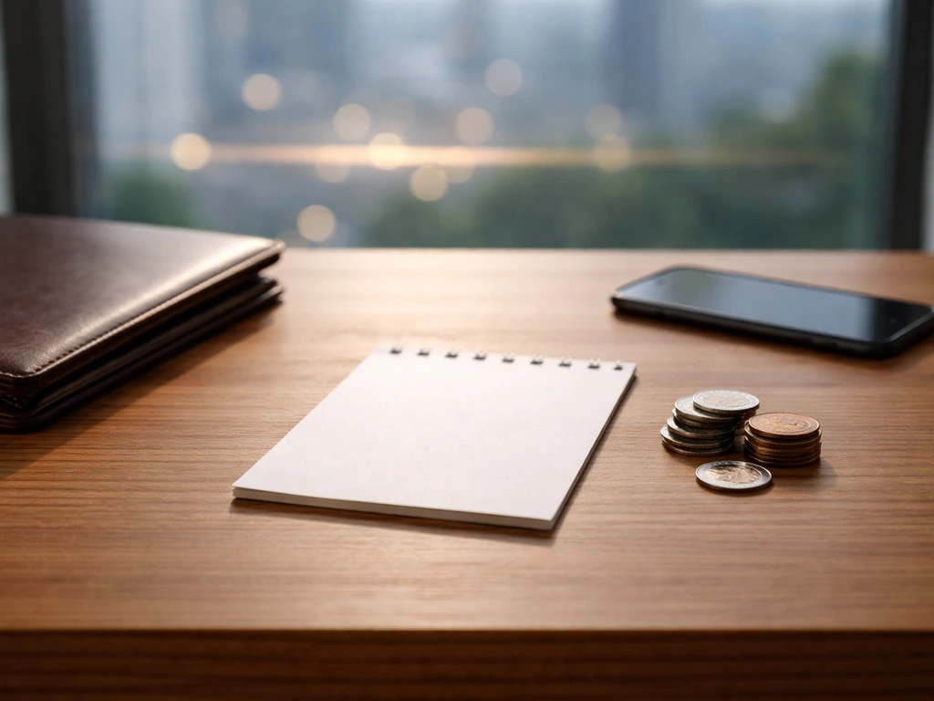 Minimal office desk with a calendar, coins, and a blurred timeline-like light streak suggesting wealth over time