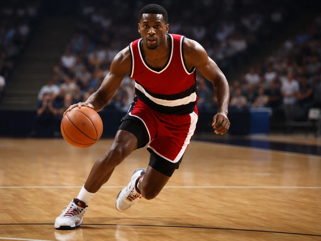 Anonymous 1980s-style NBA player in a Blazers-inspired uniform dribbling an orange ball indoors