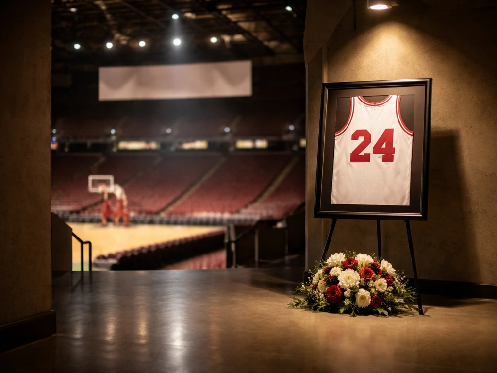 Basketball memorial display with a framed jersey and flowers in a softly lit arena corridor.