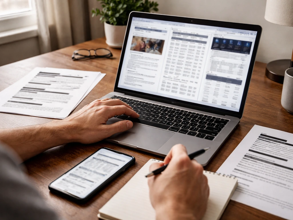 Minimal desk scene with documents and a laptop showing cross-checking sources for a basketball net worth figure