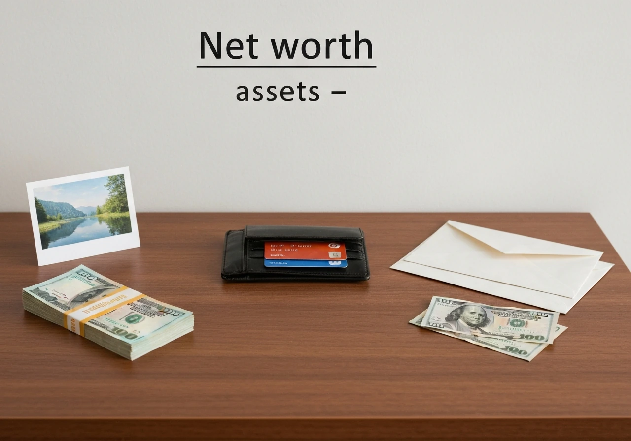 Minimal symbolic photo showing cash and documents beside a small pile of bills, suggesting assets minus debts.