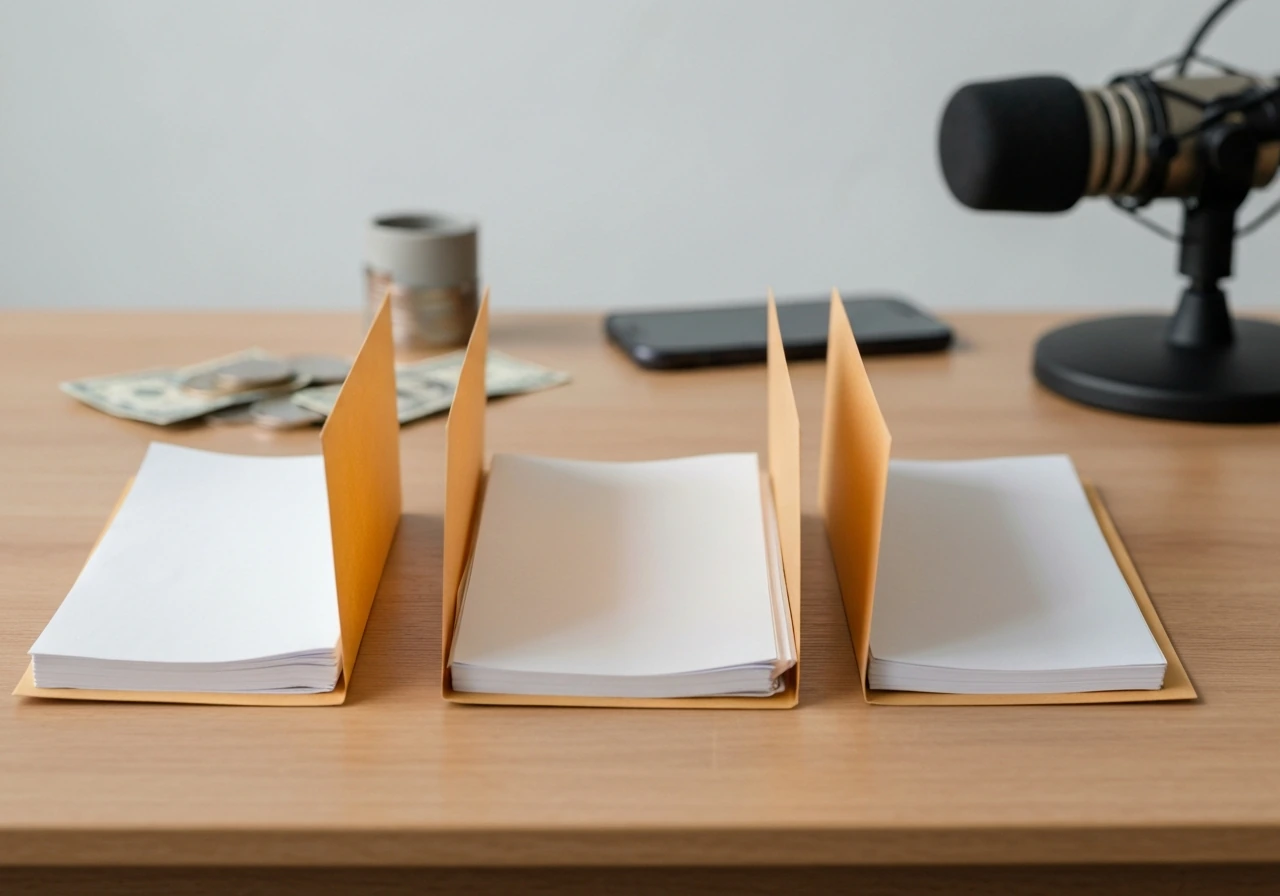 Minimal office desk with three blurred folders representing official, media, and aggregator sources for net worth estima