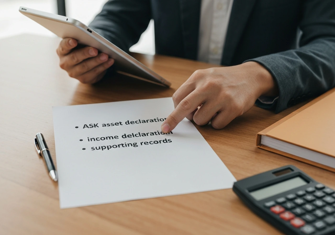 Hands pointing at a printed checklist about verifying ASK asset and income declarations on a wooden table.
