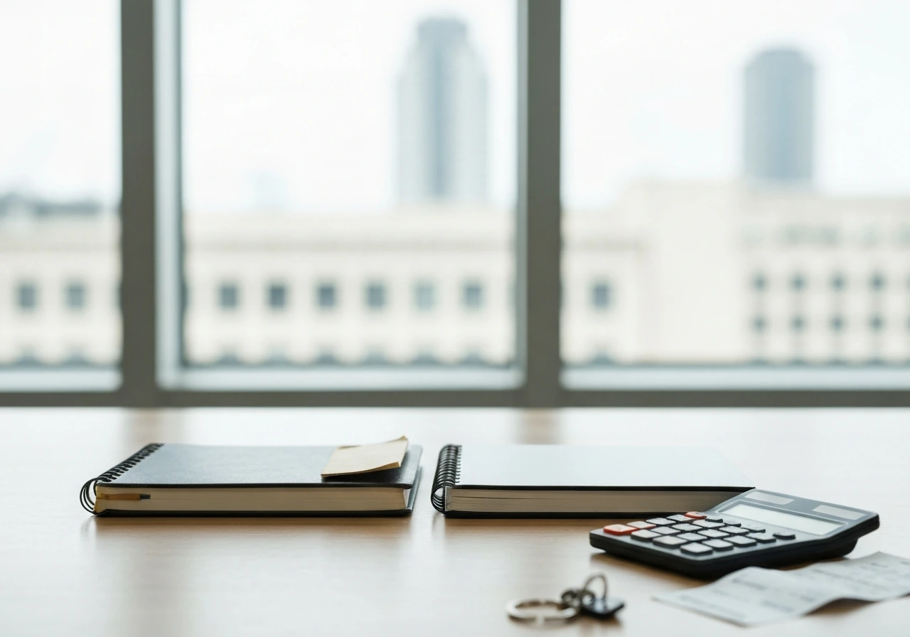 Minimal desk scene with calculator and two notebooks, implying conflicting financial estimates.