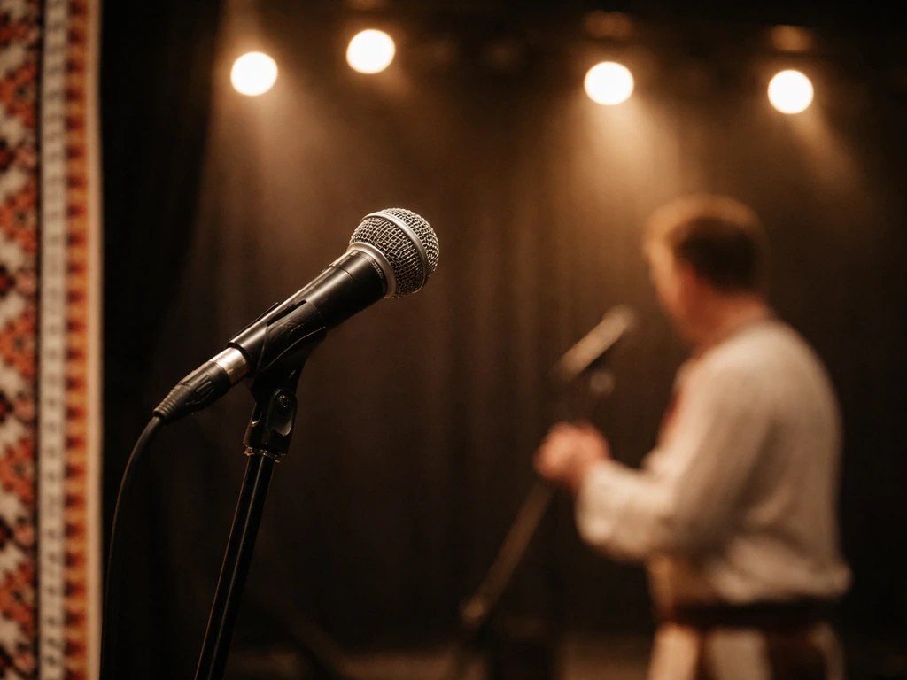 Serbian folk music vibe at a small stage with a mic and warm lights symbolizing a successful live performer