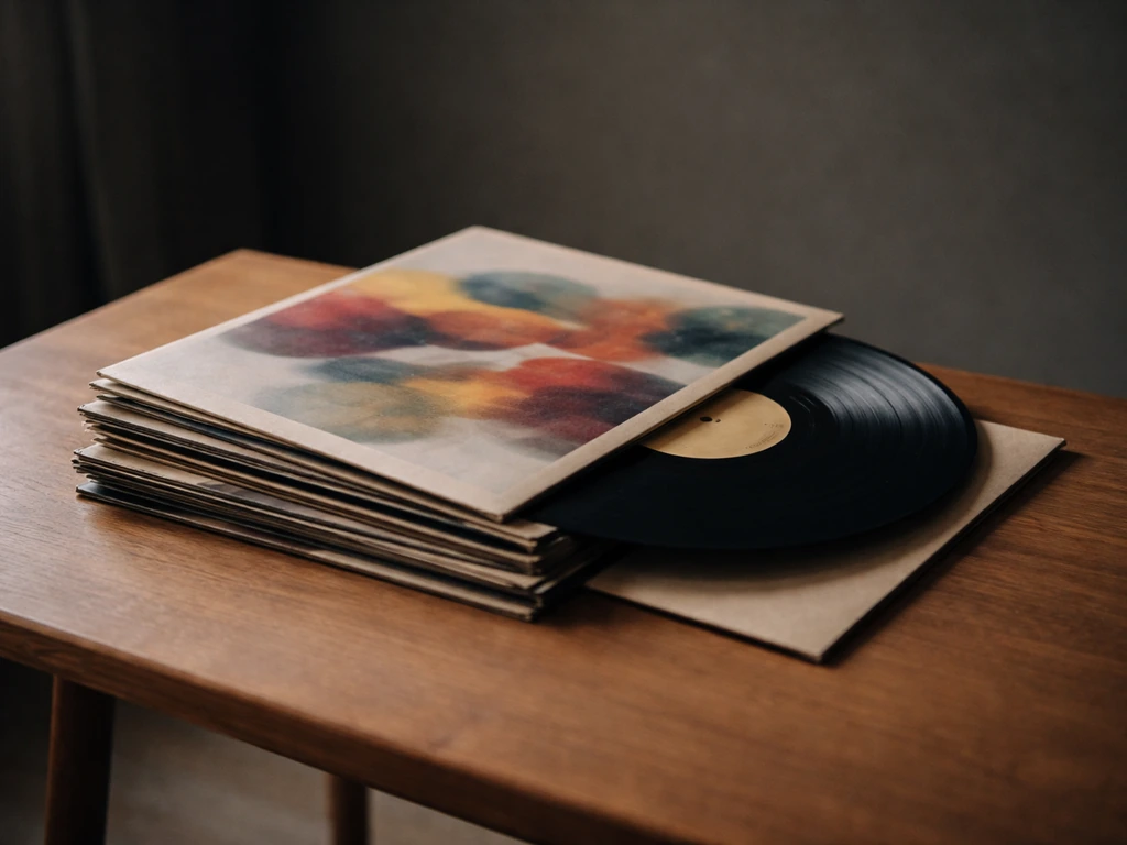 Stack of vinyl records and an album sleeve on a wooden table, minimal and softly lit.