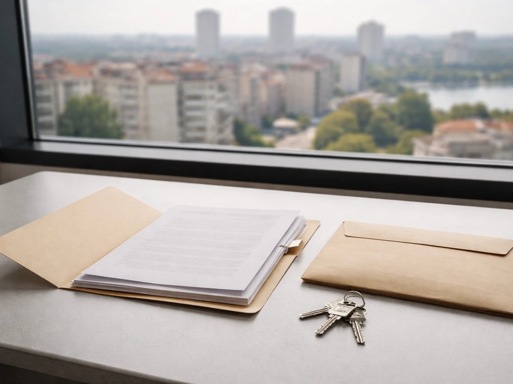 Minimal desk scene with a folder, keys, and blurred city skyline suggesting family-linked real estate evidence