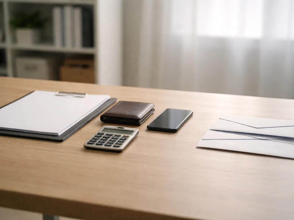 Minimal office scene with a calculator and documents suggesting assets minus liabilities concept