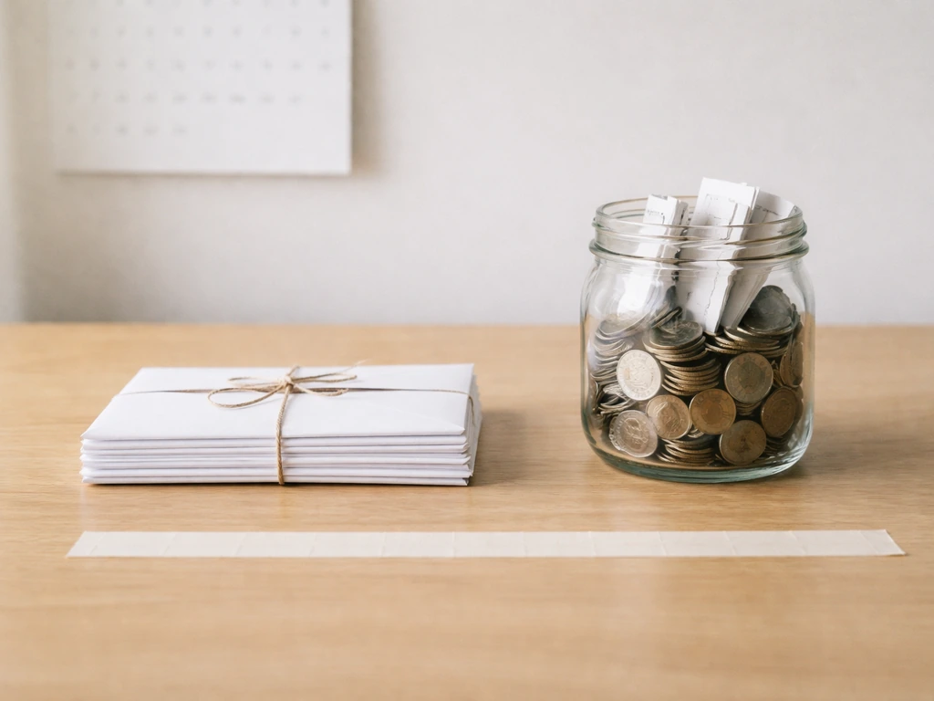 Minimal desk scene with envelopes and coins jar, with an unmarked tape timeline implied.
