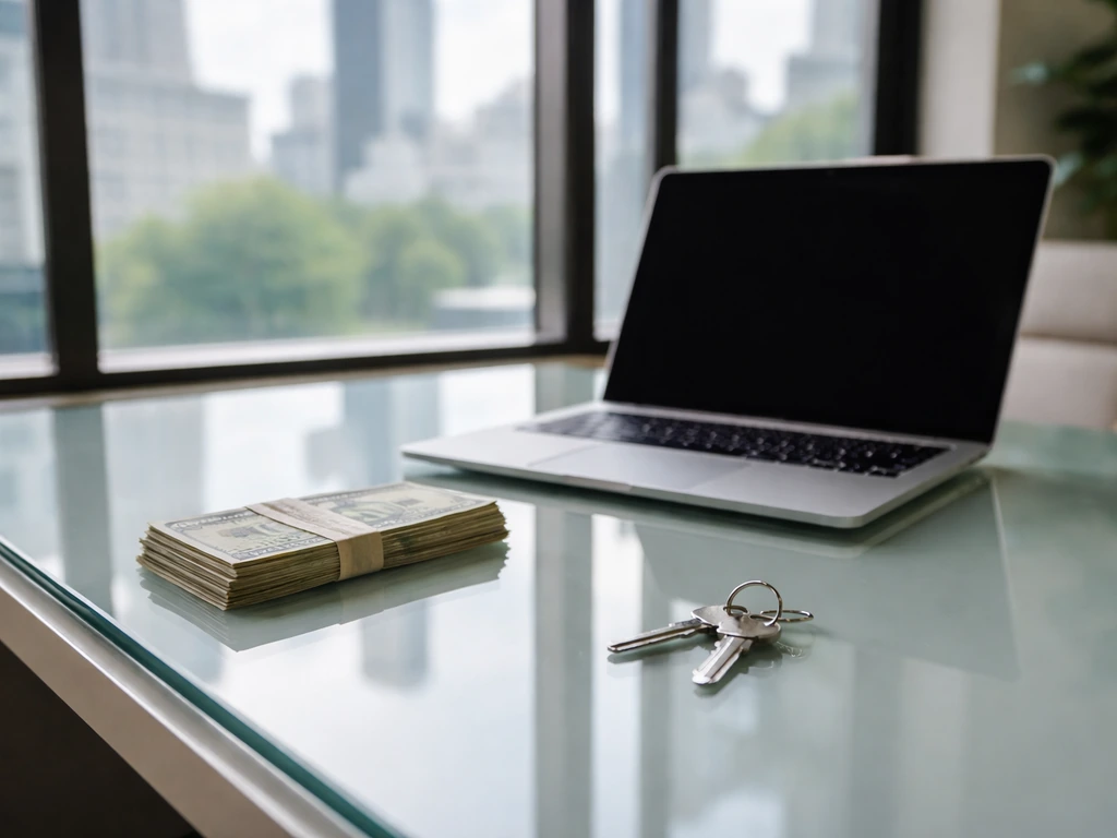 Minimal photo of a glass desk with a closed laptop and scattered cash, symbolizing valuation and ownership logic