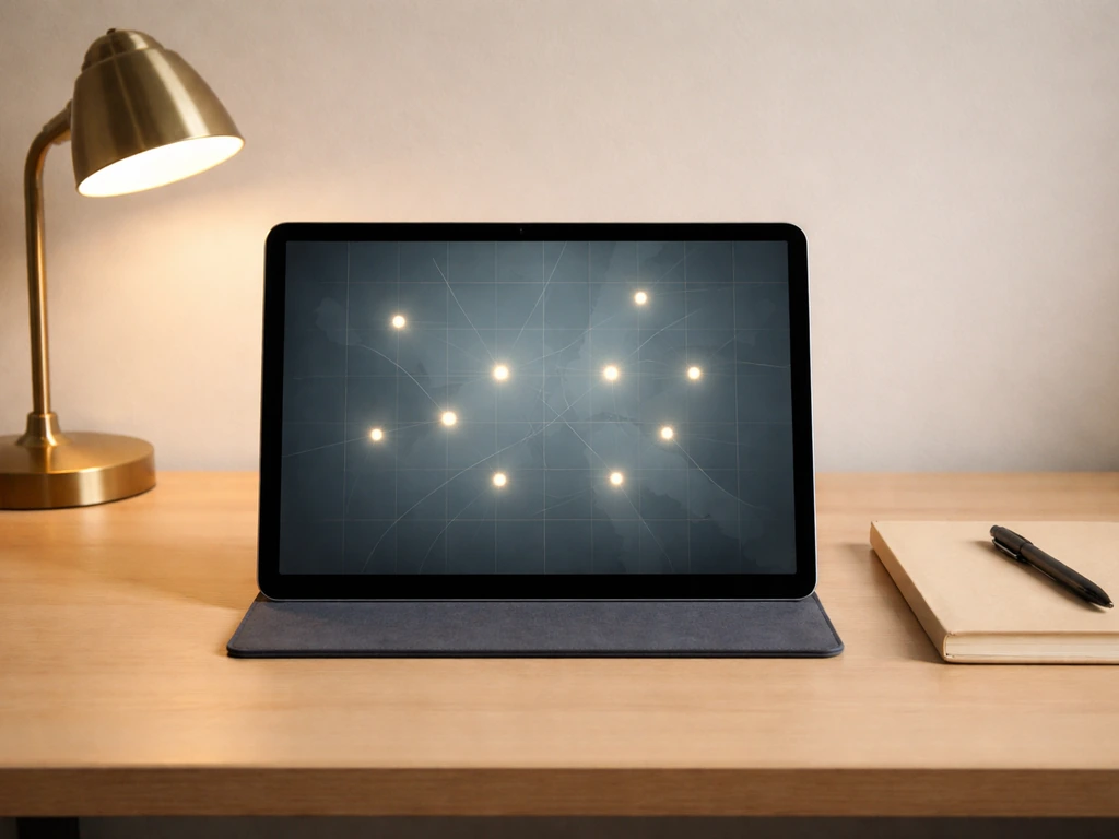 Modern desk scene with a wall map-like grid pattern suggesting hotel footprint across U.S. cities, no text.