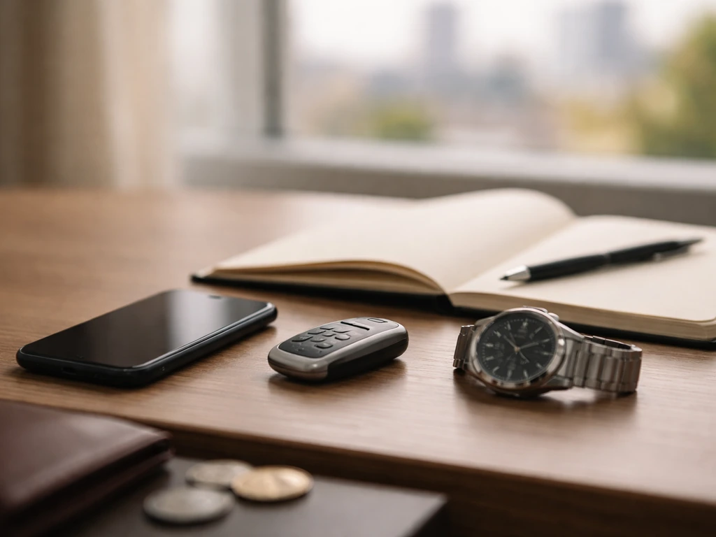 Minimal finance-themed desk scene with a smartphone and watch, suggesting net-worth research without showing any person