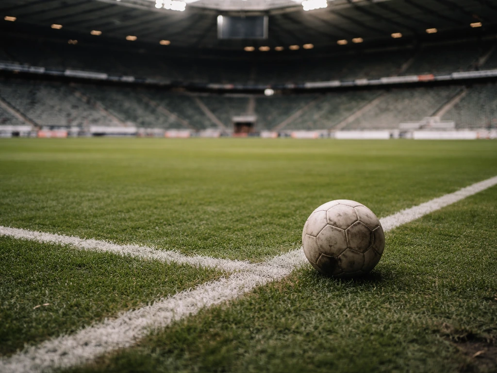 Empty soccer stadium with a leather ball near the sideline, symbolic of matchday lifestyle.