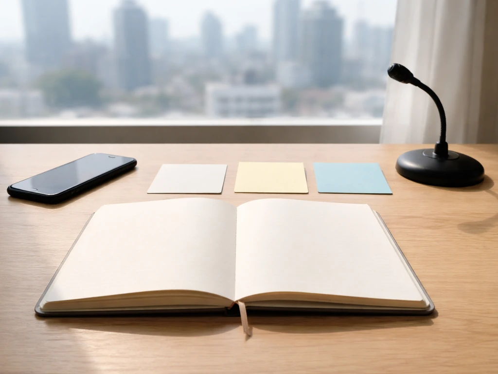 Minimal desk scene with unlabeled cards and office items suggesting checking sources for a financial estimate.