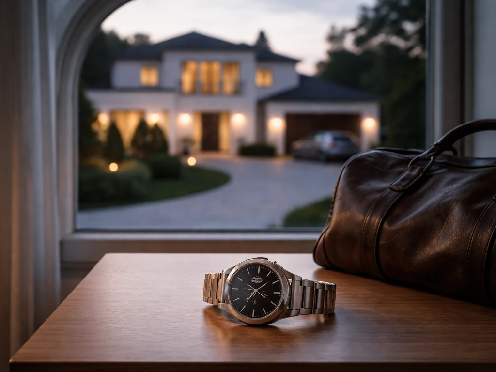 Minimal photo of a sunlit luxury home exterior at dusk with a subtle watch on a desk, symbolizing wealth signals