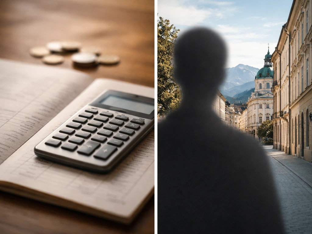 Split scene: financial ledger and calculator on one side, Slovenian street and mountains on the other.