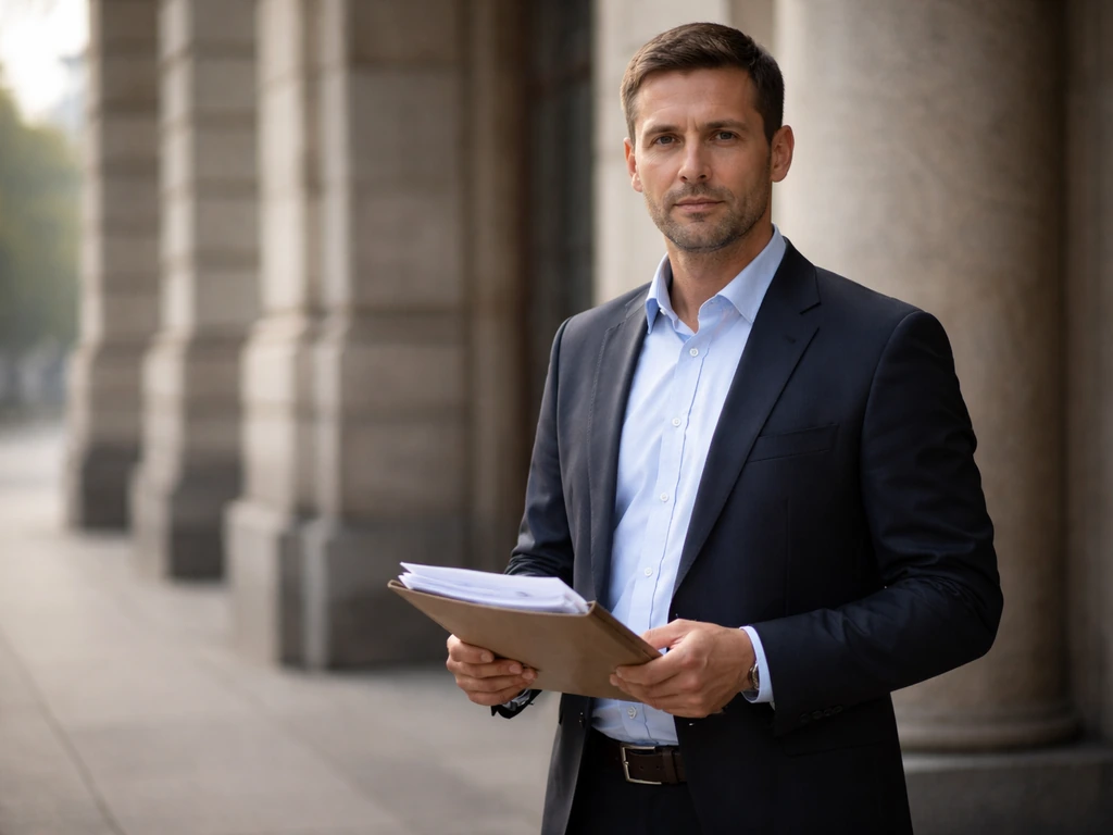 Slovenian politician at an outdoor government building entrance in Ljubljana, holding papers, calm candid moment.